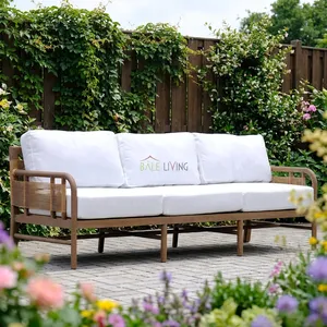 Contemporary Wood Outdoor <b>Garden</b> Sofa One Seat with White Cushion Durable Design for Patio Use - Product Image 2
