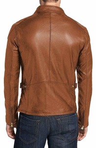 Veste moto en cuir véritable pour homme, coupe ajustée, col montant, fermeture éclair, style automne - Product Image 2