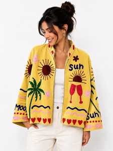 Veste Bohème Audacieuse en Velours Brodé, Faite Main, aux Couleurs Vives et à la Personnalité Unique, Motif Palmier, pour Femme - Product Image 6
