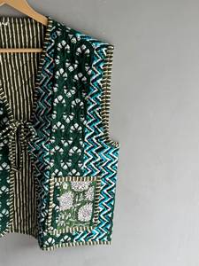 <b>Quilted</b> Cotton Vest With Patchwork <b>Pattern</b> And Floral Pockets V Neck Belt Closure Women's Autumn <b>Jacket</b> GIFT FOR HER - Product Image 3