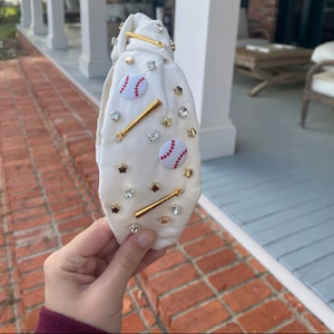 Unique Comfortable <b>Baseball</b> Theme Headband Gameday Handmade Knotted White Fabric Hairband with Rhinestones <b>Bat</b> Charms Headband - Product Image 1