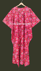 Caftán Floral Vibrante de Algodón, Elegante, Hecho a Mano, Estilo Bohemio, Ropa de Estar por Casa para Mujer, Estampado de Bloques, Inspirado en la Maternidad, Midi, Ecológico - Product Image 2