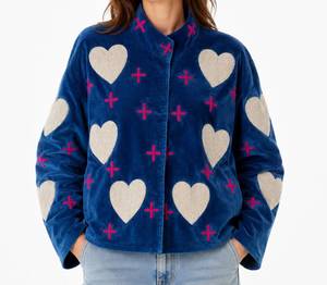 Blue <b>Velvet</b> Heart Applique Bomber <b>Jacket</b> Mandarin Collar Full Sleeve Autumn Women's Outerwear Handmade Heart Suzani <b>Jacket</b> - Product Image 4