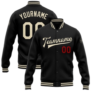 Veste bomber personnalisée noire et rouge, style universitaire, entièrement boutonnée, vente en gros - Product Image 1