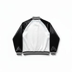 Veste de sport en satin unisexe personnalisée de qualité supérieure |   Blouson de baseball à manches raglan noir et blanc de haute qualité |   Veste de style universitaire rétro - Product Image 2