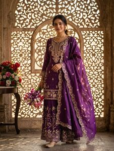 Designer Top Sharara Dupatta Set Women Fendy <b>Silk</b> Kurti with Sharara Palazzo Festive Party Wear Ethnic Outfit Collection - Product Image 3