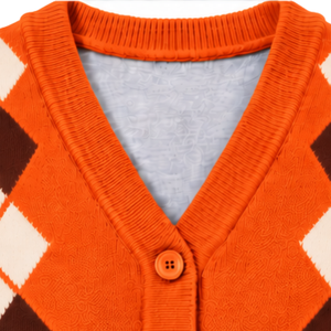 <b>Mens</b> Orange Argyle V Neck <b>Cardigan</b> Knitted <b>Sweater</b> Diamond Pattern Button Front Long Sleeves Classic Casual Warm Knitwear Styles - Product Image 4