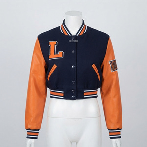 Veste de baseball pour femme REDDITO, bleu marine et orange, en laine, manches longues, logo lettre L brodé, col à capuche, longueur normale, imperméable - Product Image 1