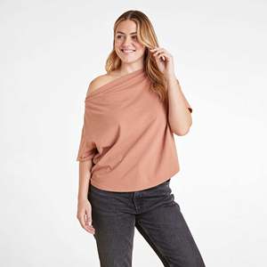 Camiseta de Moda al por Mayor para Mujer, Casual, con Hombros Descubiertos, Manga Corta, Color Sólido, Ecológica, con Bordado, Lisa - Product Image 1