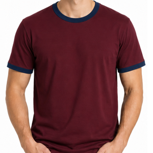 T-shirt Ringer Homme Best-seller à Logo, Bicolore Bordeaux avec Bordure Contrastante, Manches Courtes, Coupe Slim, Décontracté, Uni, Style Sport - Product Image 2