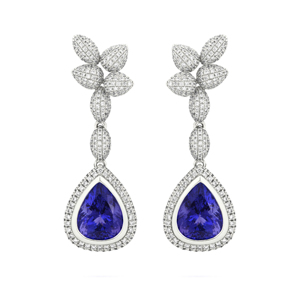 Boucles d'oreilles pendantes de luxe pour femme en or massif 18 carats avec saphir, plaqué rhodium, forme goutte d'eau, diamants ronds taille brillant - Product Image 2