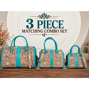 Ensemble de bagages 3 pièces en cuir véritable floral artisanal de luxe, sac de voyage vintage, sac bandoulière pour femme - Product Image 1
