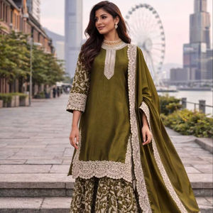 Ensemble élégant de costume et dupatta en soie entièrement brodés pour femmes, avec broderies riches et dupatta assorti - Product Image 1