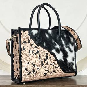 Bolso tote de lujo personalizado para mujer, de cuero de vaca con pelo, grabado a mano, con asa superior floral vintage, para hombro y viaje - Product Image 4