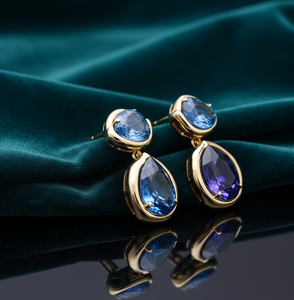 Blue Amethyst Earrings | Round & 9x12mm Pear Gemstone | 925 Sterling <b>Silver</b> 18K Gold <b>Plated</b> | 4 Inch 10g Statement Stud Earrings - Product Image 2