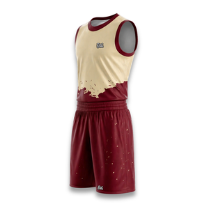 Conjunto de Uniforme de Baloncesto Personalizado para Hombre, Camiseta sin Mangas y Pantalones Cortos, Color Granate y Dorado, Impresión por Transferencia de Calor, 100% Poliéster - Product Image 3