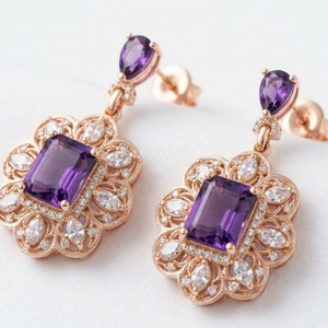Pendientes colgantes de amatista azul clásica, diseño en plata de ley 925 chapada en oro, joyería de regalo a precio de mayorista. - Product Image 1