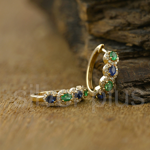 14K Solid Gold Emerald Sapphire Diamond Halo <b>Huggie</b> Earrings Natural Stone Gift Fine Jewelry - Product Image 4