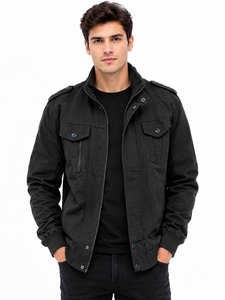 <b>Men</b>’s Black <b>Utility</b> <b>Jacket</b> Casual Cotton <b>Jacket</b> Full Zip Front Outerwear Stand Collar <b>Jacket</b> with Multiple Pockets Shoulder - Product Image 1