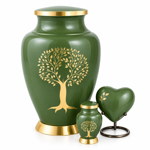 Urne funéraire pour adulte en métal antique de style européen, gravée en trois couleurs, motif Arbre de vie vert doré, 220 pouces cubes. - Product Image 1