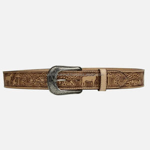 100% Leather Hand Cowgirl <b>Cowboy</b> <b>Belt</b> Hand Tooled Western Leather <b>Belt</b> for Unisex With Engraving Antique Brass Pin <b>Buckle</b> - Product Image 4