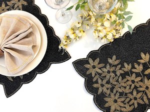 Handmade Black Fabric <b>Placemat</b> With Gold Floral Embroidery Irregular Shape Classic <b>Table</b> Mat Decorative Set - Product Image 2