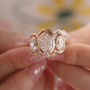 Vintage 3ct Lab Grown Diamond 14K Solid for Women Victorian Style Oval Old Mine Cut Milgrain Bezel Three Stone <b>Statement</b> <b>Ring</b> - Product Image 4