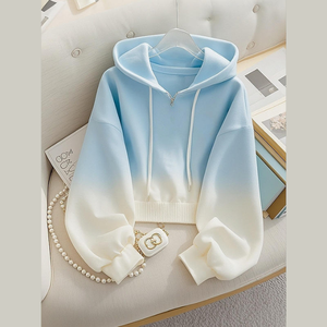 เสื้อสเวตเตอร์ถักมีฮู้ดสำหรับผู้หญิง สีไล่ระดับ แขนยาว สวมใส่สบายๆ ในฤดูใบไม้ร่วง สีขาว สีฟ้า ติดกระดุม ความยาวปกติ - Product Image 3