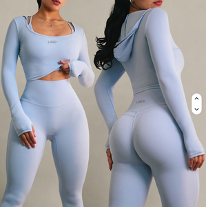 Custom Women <strong>Yoga</strong> Set 2 Piece Hooded Long Sleeve Crop Top with High Waist Leggings Thumbhole Soft Fabric <strong>Yoga</strong> <strong>Pants</strong> Activewear - Product Image 1