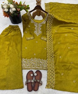 FANCY GMY SILK EMBROIDERY <b>BEADS</b> WORK <b>TOP</b> PALAZZO WITH DUPATTA WHOLESALE PRICE ETHNIC GARMENT 85063 PARROT GREEN - Product Image 3