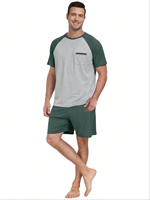Men's Summer Thermal Luxury Breathable Soft Pajama Set Casual Lightweight Printed Short Sleeve Crew Neck T-Shirt Shorts 100%