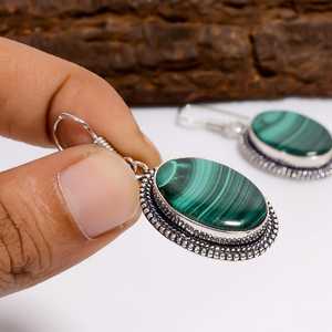 Boucles d'oreilles ovales en malachite naturelle, style vintage, argent sterling 925, bijoux bohèmes faits à la main, cadeau pour elle - Product Image 2
