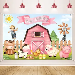 Dessin animé ferme anniversaire fond rose grange mignon animaux épouvantail enfants enfant Portriat personnalisé photographie toile de fond