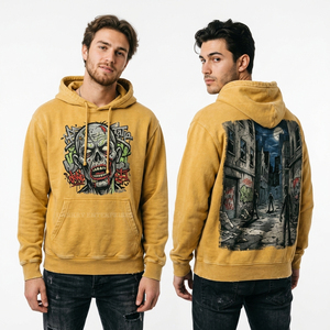 Sweat-shirt à capuche jaune moutarde délavé pour homme, motif graffiti urbain zombie, streetwear vieilli, en coton, vente en gros - Product Image 1