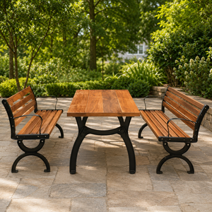 Three Piece Outdoor <b>Garden</b> Furniture Set with Wooden <b>Table</b> <b>and</b> Two <b>Benches</b> Black Metal Frame for Patio Lawn Park <b>and</b> Seating - Product Image 5