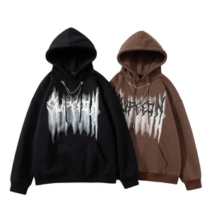 Sweat-shirt en coton tricoté pour homme, style hip-hop, avec imprimé flamme blanche sur la poche avant, coupe oversize, couleur noire, pour l'automne - Product Image 4