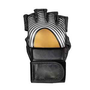 Mma <b>Gloves</b> Leather Half Finger Velcro Closure Black <b>Silver</b> Gold Striped Design For Martial Arts Adults - Product Image 1
