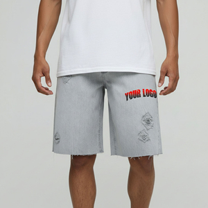 2026 Jorts en denim coupe ample 100% coton épais, délavé clair, coupe coupe-vent, avec logo imprimé personnalisé, style streetwear hip-hop, service OEM - Product Image 1