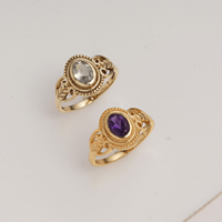 Bague ovale artisanale en laiton vintage avec améthyste naturelle sertie clos, style filigrane, pour femme, vente en gros