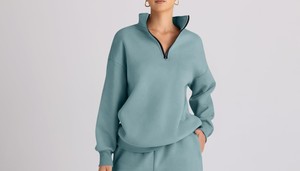 Conjunto Deportivo de 2 Piezas para Mujer, Felpa, Color Sólido, Cuello Alto con Cremallera, Manga Larga, Corte Holgado, Informal, para Todas las Temporadas - Product Image 2