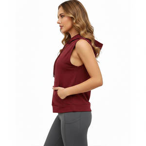 Sudadera con capucha sin mangas para mujer, color sólido, transpirable, diseño de bolsillo tejido, ropa informal de verano - Product Image 5