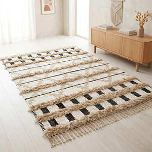 Hand Tufted Striped Boho Area Rug Rectangle Black White Plush Bohemian Style Wool Non-Slip Bedroom Floor Rug - Product Image 2