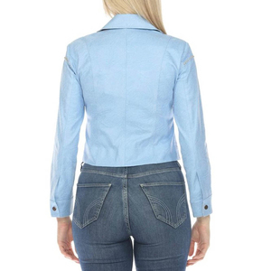 Veste de motard en similicuir bleu clair pour femme, style court avec garniture cloutée et fermeture éclair sur le devant - Product Image 3