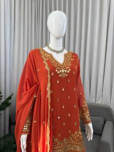 Women's <b>Red</b> Silk Salwar Kameez With Gold Embroidery And <b>Sequins</b> Traditional Indian Wedding Wear Loose Fit Midi Length - Product Image 1
