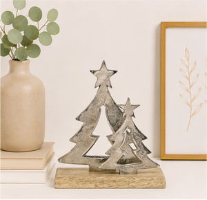 Premium Silver Metal Christmas <b>Tree</b> Sculpture On Sturdy Wooden Base Modern Holiday <b>Tabletop</b> Decor For Home Office Hotel Display - Product Image 2
