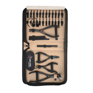 Kit d'outils pour extensions de cheveux noirs avec pince à extensions adhésives de 7 pouces, pince à sertir à deux trous, pince à retirer les perles et étui en similicuir - Product Image 1