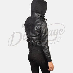 Premium Women Black Real Leather Hooded <b>Bomber</b> <b>Jacket</b> Slim Fit Removable Hoodie Sheepskin Biker <b>Jacket</b> Multi Pocket Coat - Product Image 3