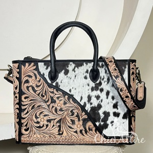 Sac fourre-tout en cuir de vachette personnalisé, motif floral gravé à la main, sac à main western pour femmes, grande capacité, sacs à bandoulière élégants - Product Image 1