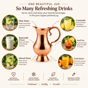 Carafe à eau en cuivre pur poli avec poignée courbée vintage, pichet en cuivre classique sur pied, carafe ayurvédique, vaisselle et articles de service - Product Image 4