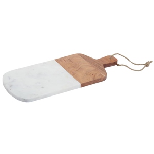 Planche à découper élégante en marbre blanc et bois d'acacia avec poignée en forme de pagaie à grain naturel contrastant, livrée avec corde de suspension en jute - Product Image 4